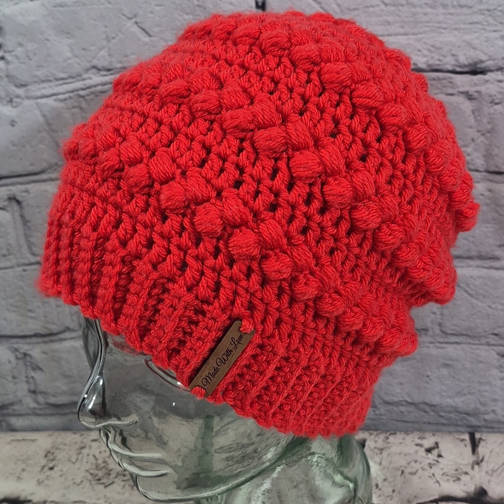 Handmade With Love Beanie Hat Orange Bubble Knit One Size Winter Ski Cap